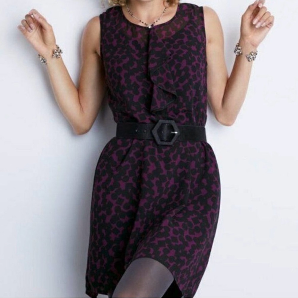 Cabi #3876 Purple & Black Print Chiffon Going Out Sleeveless Dress Size Large